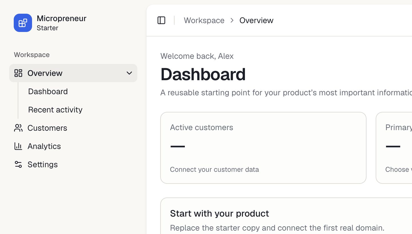 The reusable Starter dashboard shell running with the default local authentication adapter.
